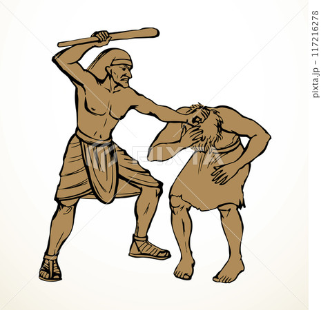 Vector drawing. A soldier beating a slave Vector drawing. A soldier beating a slave 117216278