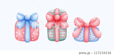 Hand-Drawn Gift Boxes with Bows - Perfect for Holiday Packaging 117216316