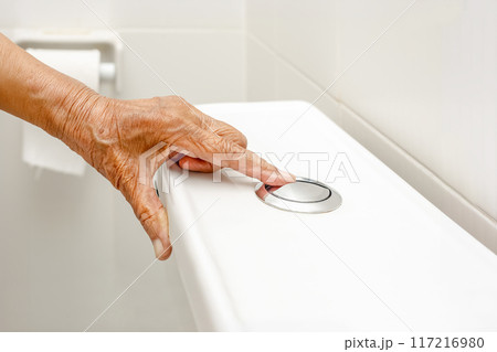 Elderly Hand Pressing Toilet Flush Button. Elderly Hand Pressing Toilet Flush Button. 117216980