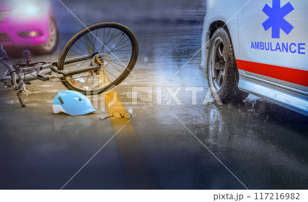 Accident Drunk Driving  Car and Bicycle Collision in Rainy Weather at night time. Accident Drunk Driving  Car and Bicycle Collision in Rainy Weather at night time. 117216982