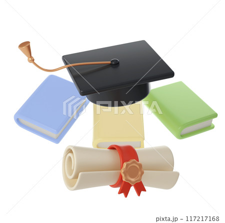 3D Books, Diploma scroll and university or college black cap graduate Icon. Render Education or Business Literature. E-book, Encyclopedia, Textbook Illustration 117217168