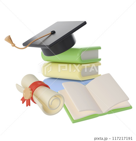 3D Stack of Books, Diploma scroll and university or college black cap graduate Icon. Render Education or Business Literature. E-book, Encyclopedia, Textbook Illustration 3D Stack of Books, Diploma scroll and university or college black cap graduate Icon. Render Education or Business Literature. E-book, Encyclopedia, Textbook Illustration 117217191