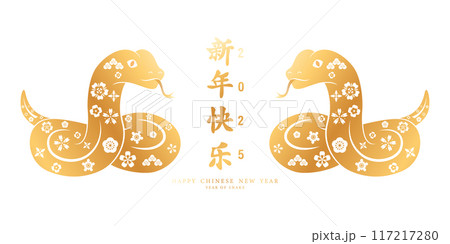 Happy Chinese New Year 2025 of the Snake. Beautiful Asian style paper cut in gold color. Vector illustration 117217280