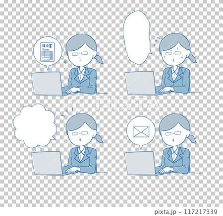 一組戴著眼鏡在電腦上工作的女員工（藍色） 117217339