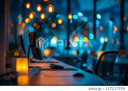 夜のオフィスのぼやけた背景　AI生成画像 117217359