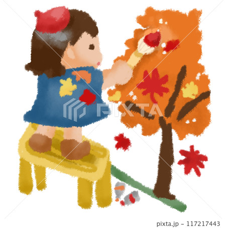 ベレー帽をかぶってモミジの絵を描く女の子 ベレー帽をかぶってモミジの絵を描く女の子 117217443