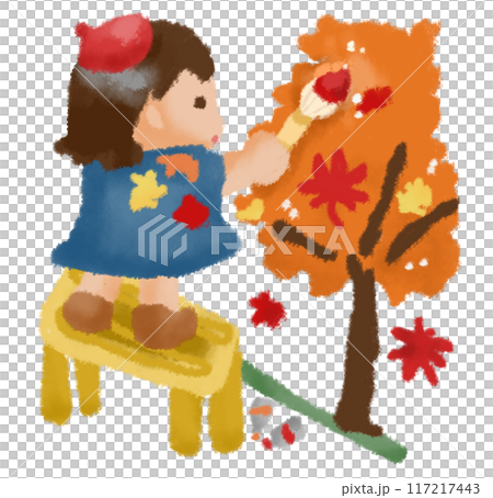 ベレー帽をかぶってモミジの絵を描く女の子 ベレー帽をかぶってモミジの絵を描く女の子 117217443