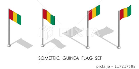 Isometric Guinea flag in static position and in motion on flagpole. Guinea map pin mark. 3d vector isolated on white background Isometric Guinea flag in static position and in motion on flagpole. Guinea map pin mark. 3d vector isolated on white background 117217598