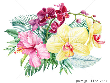 Bouquet tropical flowers. Watercolor hibiscus, orchid flower, leaves. Paradise exotic floral painting, tropical card 117217644
