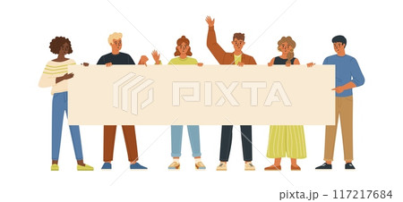 Crowd of multiracial diverse young people holding placard together 117217684