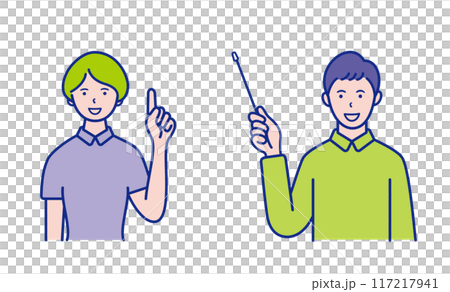 Upper body illustration of a woman pointing and a man holding a pointer [set] 117217941