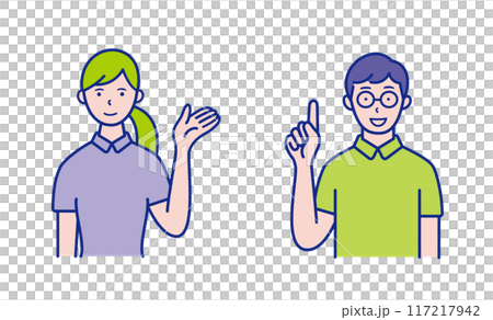 Upper body illustration of a woman raising her hand to guide and a man pointing [set] 117217942