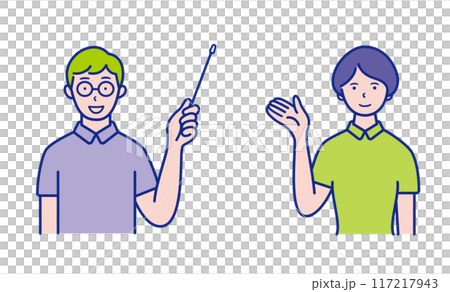 Upper body illustration of a man holding a pointer and a woman raising her hand to guide [set] 117217943