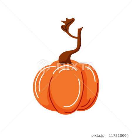 Orange ripe pumpkin in cartoon style. Autumn Halloween design. Vector illustration isolated on a white background. Orange ripe pumpkin in cartoon style. Autumn Halloween design. Vector illustration isolated on a white background. 117218004