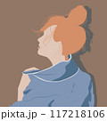 A woman with vibrant red hair is dressed in a stylish blue jacket 117218106