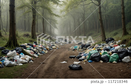 Garbage in meadow. Rubbish, trash left after picnic. People illegally throw garbage into forest. Illegal garbage dump in nature. Dirty environment garbage polluting near footpath in forest. 117218346