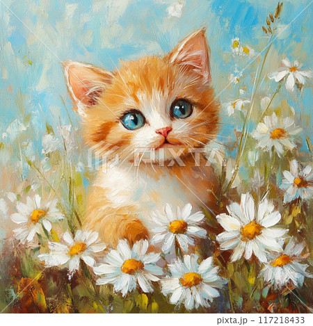 春の花と猫、かわいい、ふわふわ、春を感じて、 117218433