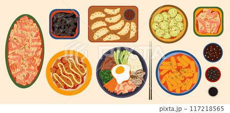 Korean cuisine vector illustration. Delicious traditional asian food. South Korean main and side dishes like bibimbap, spicy kimchi, tteokbokki, fried chicken bites, black fungus and cucumber salad Korean cuisine vector illustration. Delicious traditional asian food. South Korean main and side dishes like bibimbap, spicy kimchi, tteokbokki, fried chicken bites, black fungus and cucumber salad 117218565