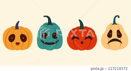 Set of Halloween designs. Different colors and sizes of pumpkins. Vector illustration in flat style on white background Set of Halloween designs. Different colors and sizes of pumpkins. Vector illustration in flat style on white background 117218572