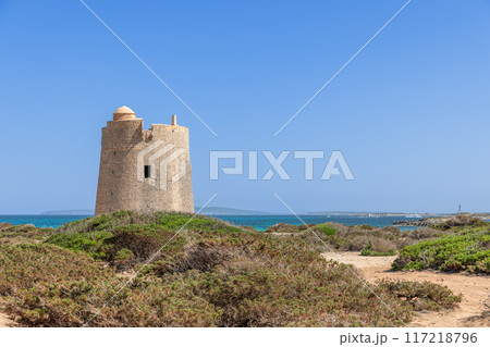 Torre de ses Portes on Ibiza, ancient coastal tower, stands against turquoise sea, lush vegetation Torre de ses Portes on Ibiza, ancient coastal tower, stands against turquoise sea, lush vegetation 117218796