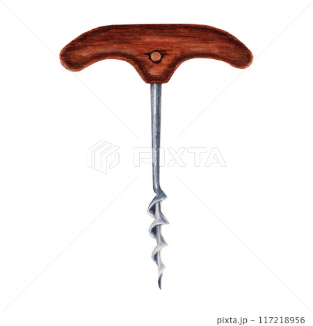 Wine corkscrew with a wooden handle isolated design element on transparent background. Hand drawn watercolor illustration. For wine tastings, restaurant and bar menus	 117218956
