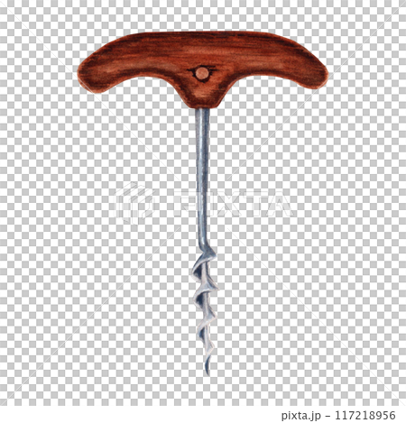Wine corkscrew with a wooden handle isolated design element on transparent background. Hand drawn watercolor illustration. For wine tastings, restaurant and bar menus	 117218956