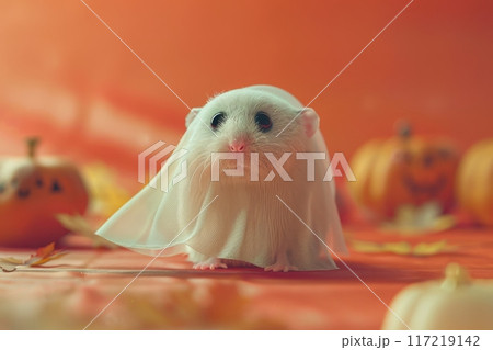 A white hamster is wearing a ghost costume with Generative AI 117219142
