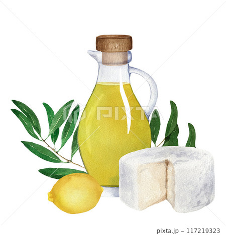 Composition of glass jug with olive oil, lemon, olive branches and cheese. Watercolor illustration on white background. For cards, posters, menu 117219323