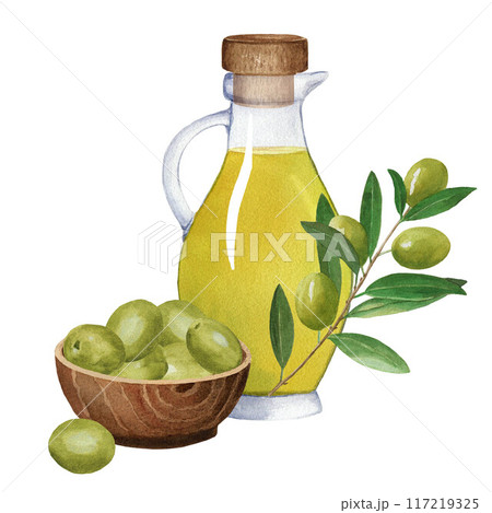 Composition of glass jug with olive oil, wooden bowl with green olive and cork. Watercolor illustration on white background. For cards, posters, menu Composition of glass jug with olive oil, wooden bowl with green olive and cork. Watercolor illustration on white background. For cards, posters, menu 117219325
