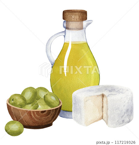 Composition of glass jug with olive oil, wooden bowl with soft cheese and cork. Watercolor illustration on white background. For cards, posters, menu Composition of glass jug with olive oil, wooden bowl with soft cheese and cork. Watercolor illustration on white background. For cards, posters, menu 117219326