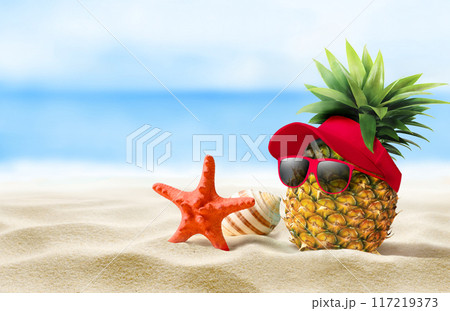 Experience a vibrant Tropical Fun moment A delightful Pineapple wearing Sunglasses on a Beach Experience a vibrant Tropical Fun moment A delightful Pineapple wearing Sunglasses on a Beach 117219373