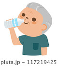 ペットボトルにクチをつけてミネラルウォーターを飲む高齢者男性のイラスト。 117219425