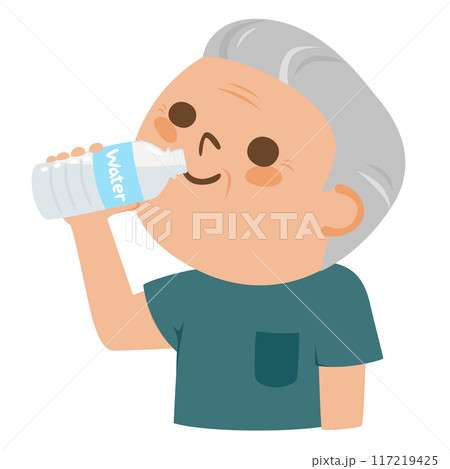 ペットボトルにクチをつけてミネラルウォーターを飲む高齢者男性のイラスト。 ペットボトルにクチをつけてミネラルウォーターを飲む高齢者男性のイラスト。 117219425