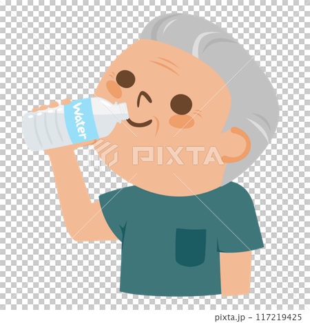 ペットボトルにクチをつけてミネラルウォーターを飲む高齢者男性のイラスト。 ペットボトルにクチをつけてミネラルウォーターを飲む高齢者男性のイラスト。 117219425