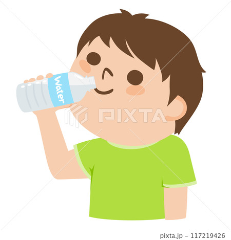 ペットボトルにクチをつけてミネラルウォーターを飲む若い男性のイラスト。 117219426
