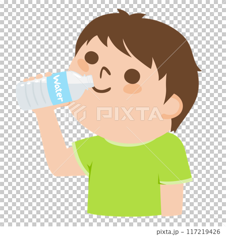 ペットボトルにクチをつけてミネラルウォーターを飲む若い男性のイラスト。 117219426