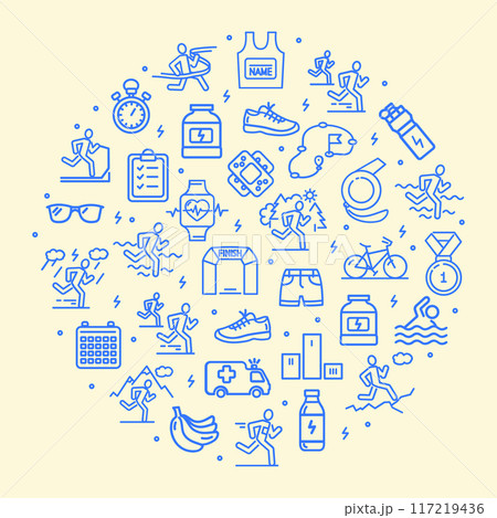 Marathon Sign Round Design Template Blue Thin Line Icon Banner. Vector 117219436