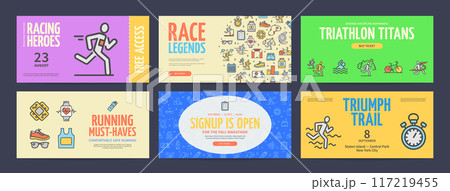 Marathon Racing Triathlon Competition Horizontal Placard Poster Banner Card Template Set. Vector Marathon Racing Triathlon Competition Horizontal Placard Poster Banner Card Template Set. Vector 117219455
