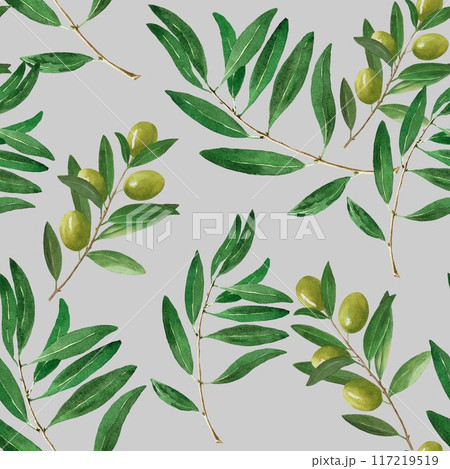 Seamless pattern with olive tree elements. Hand drawn watercolor illustration on gray background for print, wrapper, textile, fabric, packaging 117219519