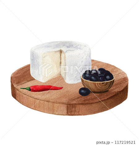 Watercolor hand drawn illustration of kitchen cutting board with soft cheese, red pepper and black olives in wood bowl. Isolated on a white background Watercolor hand drawn illustration of kitchen cutting board with soft cheese, red pepper and black olives in wood bowl. Isolated on a white background 117219521