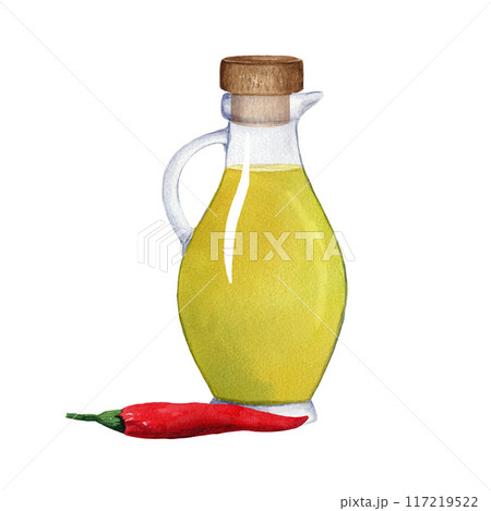 Composition of glass jug with olive oil, red pepper and cork. Hand drawn watercolor illustration on white background. For design, decor, cards Composition of glass jug with olive oil, red pepper and cork. Hand drawn watercolor illustration on white background. For design, decor, cards 117219522