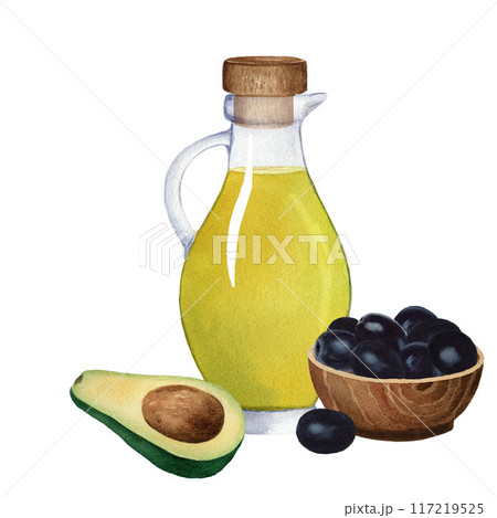Composition of glass jug with olive oil, avocado, bowl with black olives and cork. Watercolor illustration on white background. For design, cards 117219525