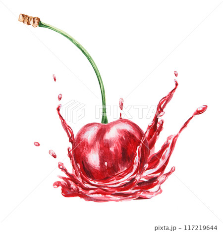 Red cherry in a splash. Juicy hand drawn watercolor illustration. Delicious food art, fresh botanical realistic painting. Summer berry clipart for menu, prints, packaging of farm goods, vegan products 117219644