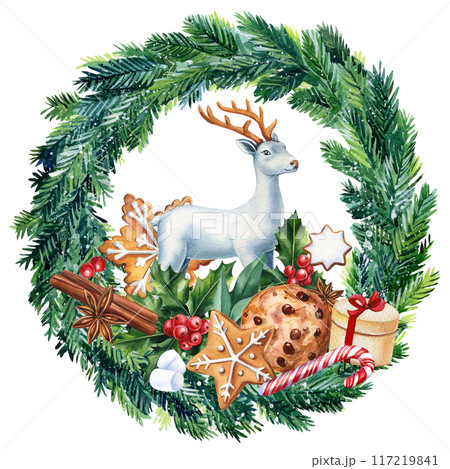 Watercolor deer, gingerbread, wreath. Christmas holiday composition, winter animal poster, Christmas decorations design 117219841