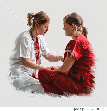 Female doctors in white and orange uniforms checking blood pressure 117220193