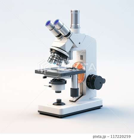 Modern White Microscope Isolated on White Background for Scientific Research and Education 117220259