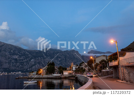 Beautiful cityscape of Kontorska Bay at night Montenegro Beautiful cityscape of Kontorska Bay at night Montenegro 117220372