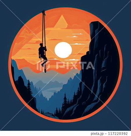 Rappelling thrill-seeker descending rugged rock formation securely with sturdy rope. 117220392