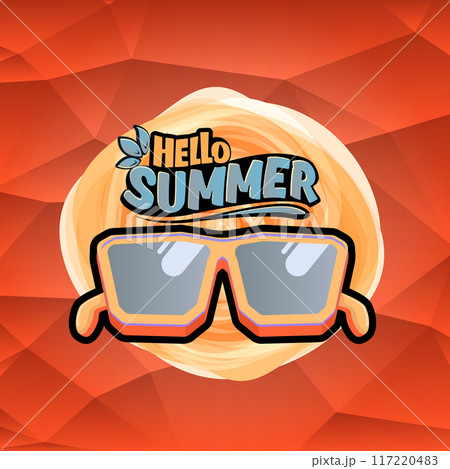 Hello Summer vector logo with text and vintage retro yellow sunglasses on red background. Hello summer illustration label, icon, print, banner template with funny cartoon sunglasses, retro vibe 117220483