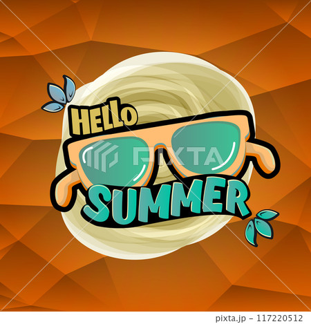 Hello Summer vector logo with text and vintage retro yellow sunglasses on red background. Hello summer illustration label, icon, print, banner template with funny cartoon sunglasses, retro vibe 117220512